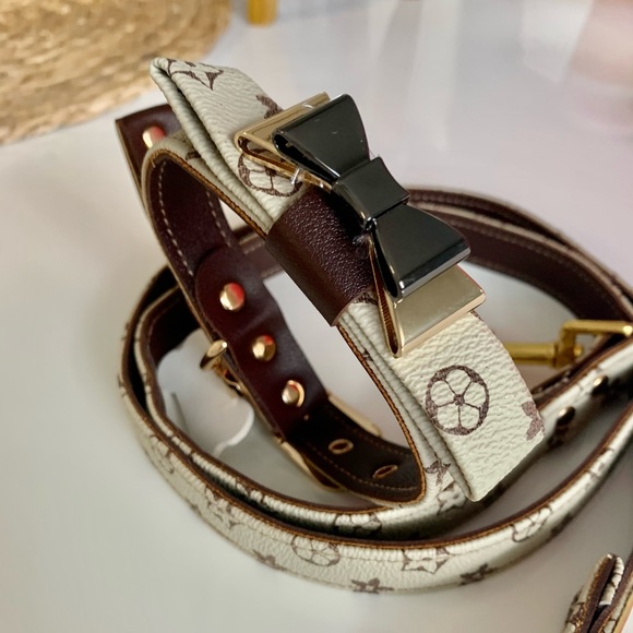 Luxury bow tie pu leather dog collar with leash - Picture 11 of 13